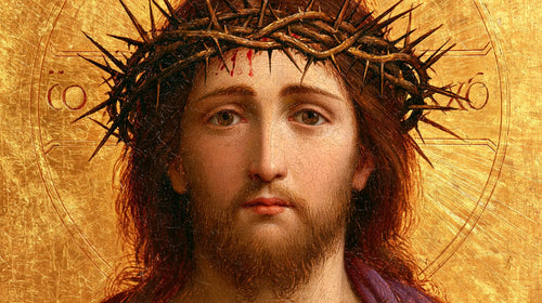 Jesus crowned with thorns in radiant sacred gold in Sacred Gold style, landscape Christian artwork no. 9