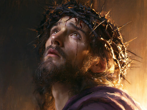 Jesus crowned with thorns in sacred sorrow in Sacred Sorrow style, landscape Christian artwork no. 6