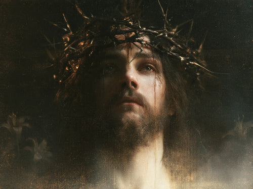 Jesus crowned with thorns in a symbolist composition in Symbolist style, landscape Christian artwork no. 5