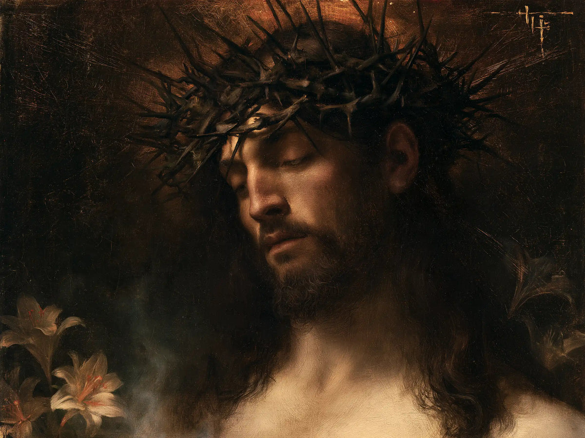 Jesus Crowned with Thorns — The Contemplative Profile beside Lilies