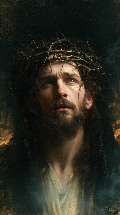 Jesus crowned with thorns in a symbolist composition in Symbolist style, portrait Christian artwork no. 1