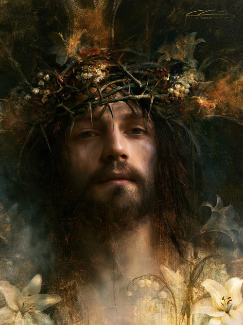 Jesus crowned with thorns in a symbolist composition in Symbolist style, portrait Christian artwork no. 16
