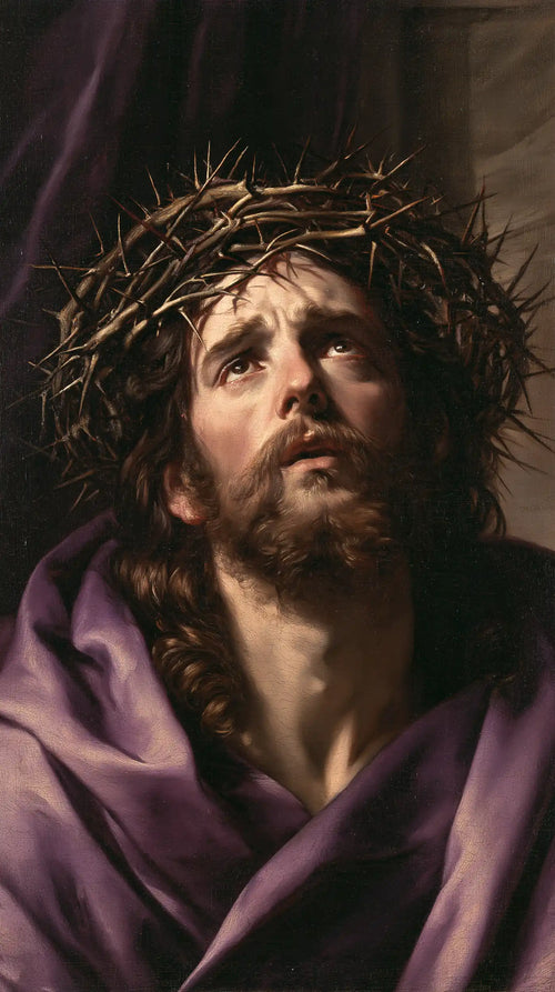Jesus crowned with thorns in a theatrical Baroque scene in Theatrical Baroque style, portrait Christian artwork no. 1