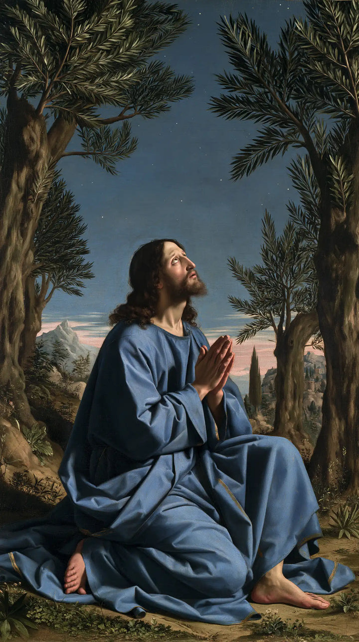 Jesus in Gethsemane — Blue Rising toward the Clear Sky