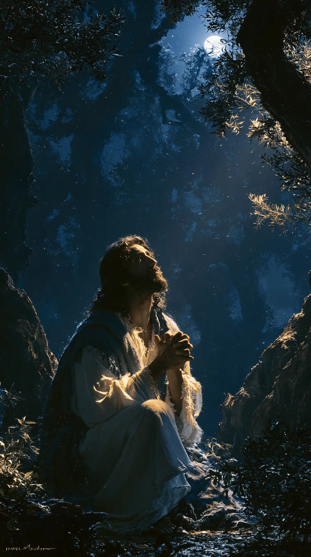 Jesus in Gethsemane - Midnight Blue Chiaroscuro · Portrait n° 4