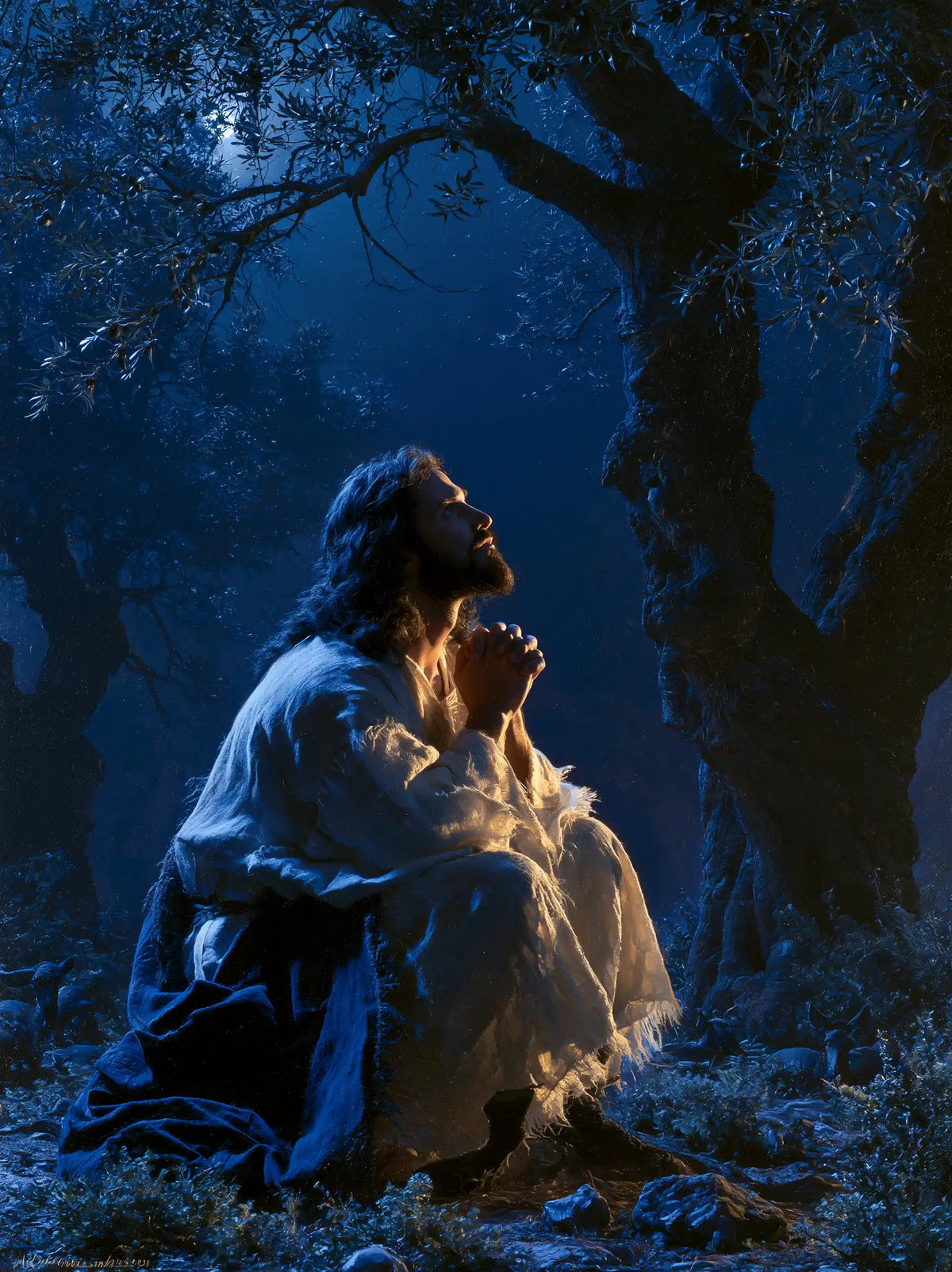 Jesus in Gethsemane — Prayer in a Cloak of Luminous Night