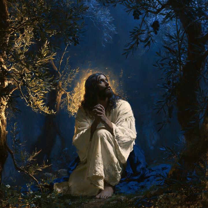 Jesus in Gethsemane — Hands at the Heart of Deep Azure