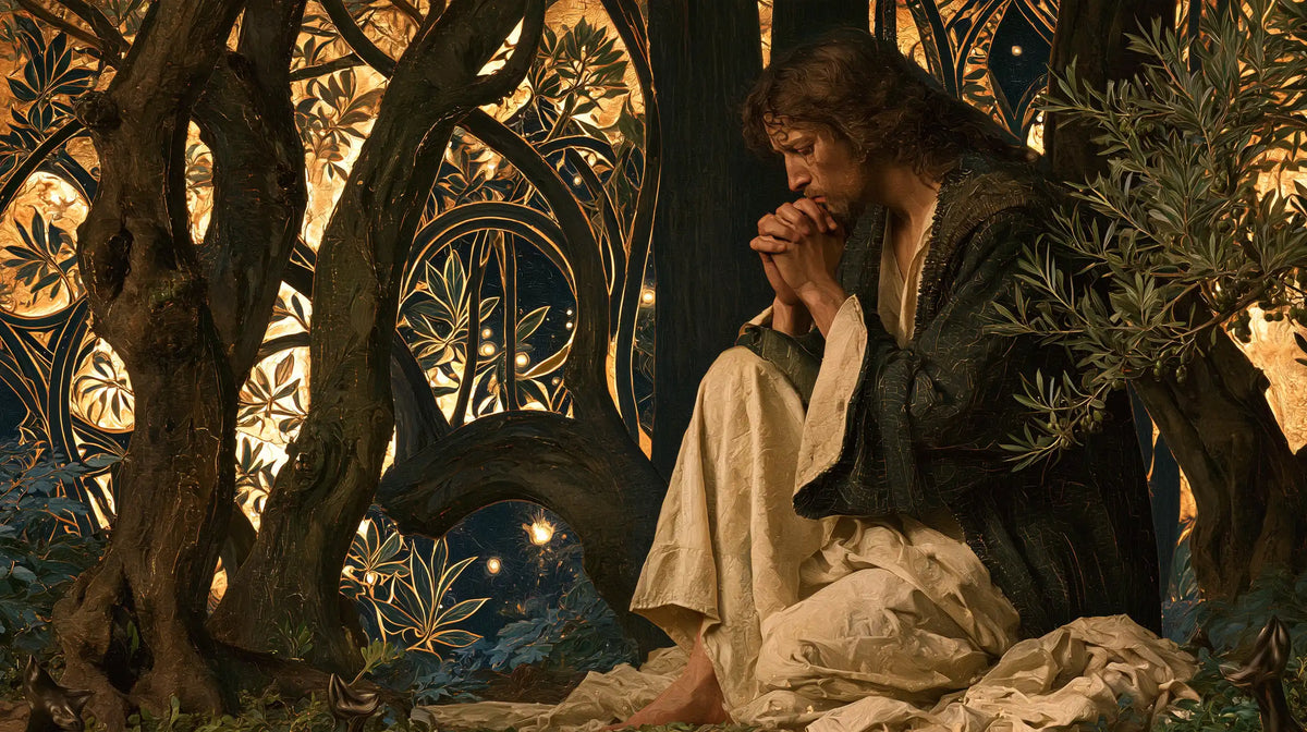 Jesus in Gethsemane — Prayer beneath Wooden Arches