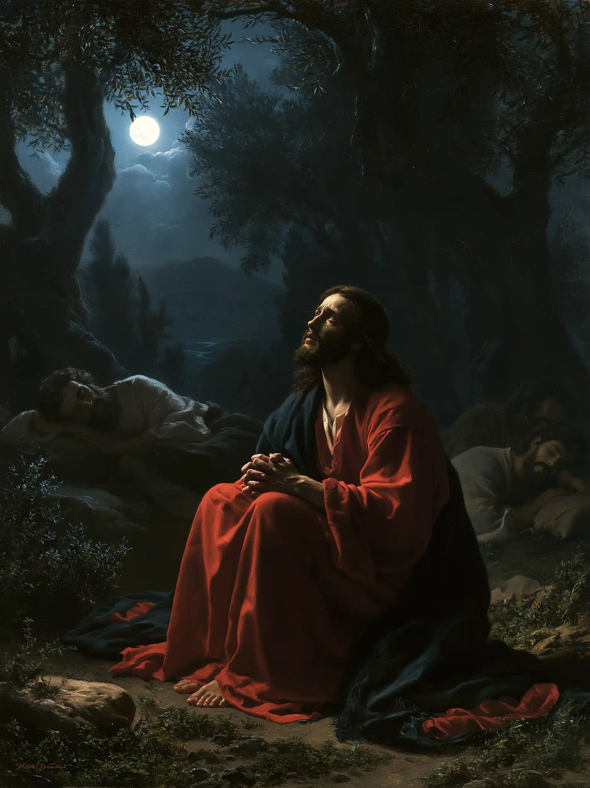 Jesus in Gethsemane — Red Prayer in the Peaceful Night