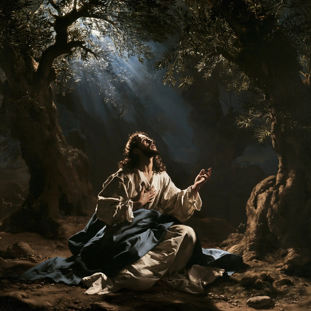 Jesus in Gethsemane — The Offered Palm beneath Pale Leaves