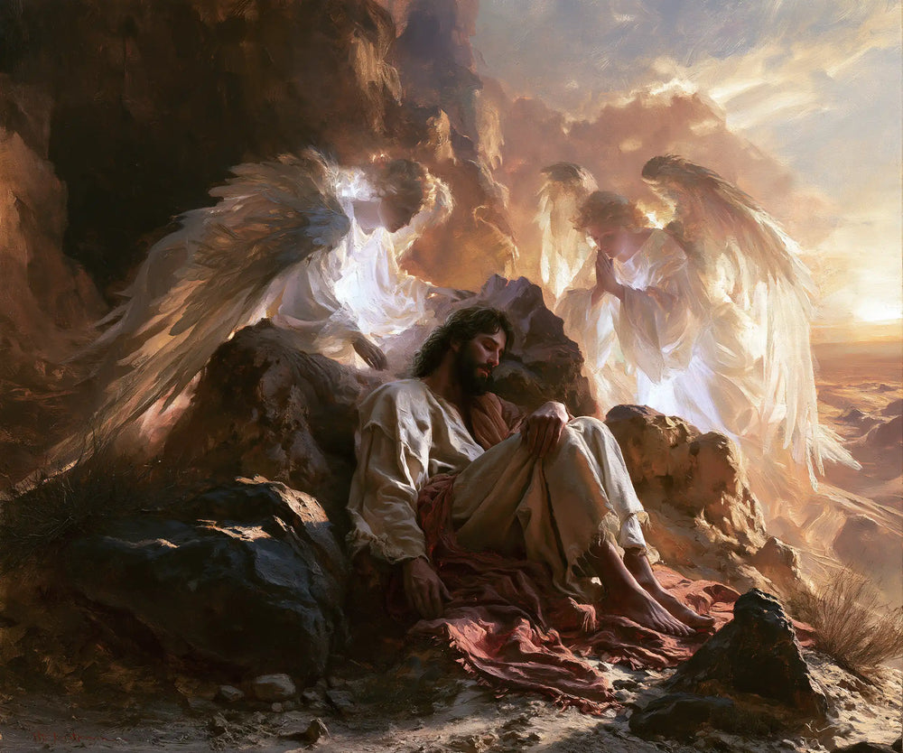 angels ministering to Jesus after the temptation in Angels After the Temptation style, landscape Christian artwork no. 3