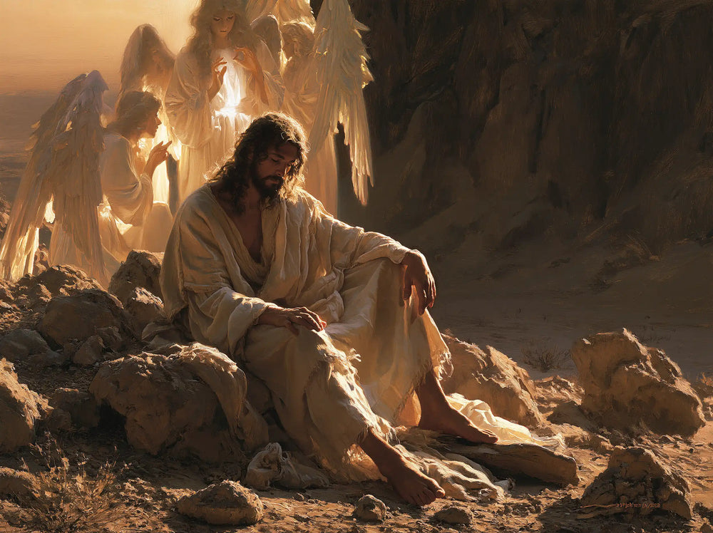 angels ministering to Jesus after the temptation in Angels After the Temptation style, landscape Christian artwork no. 10