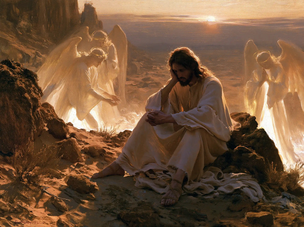 angels ministering to Jesus after the temptation in Angels After the Temptation style, landscape Christian artwork no. 12
