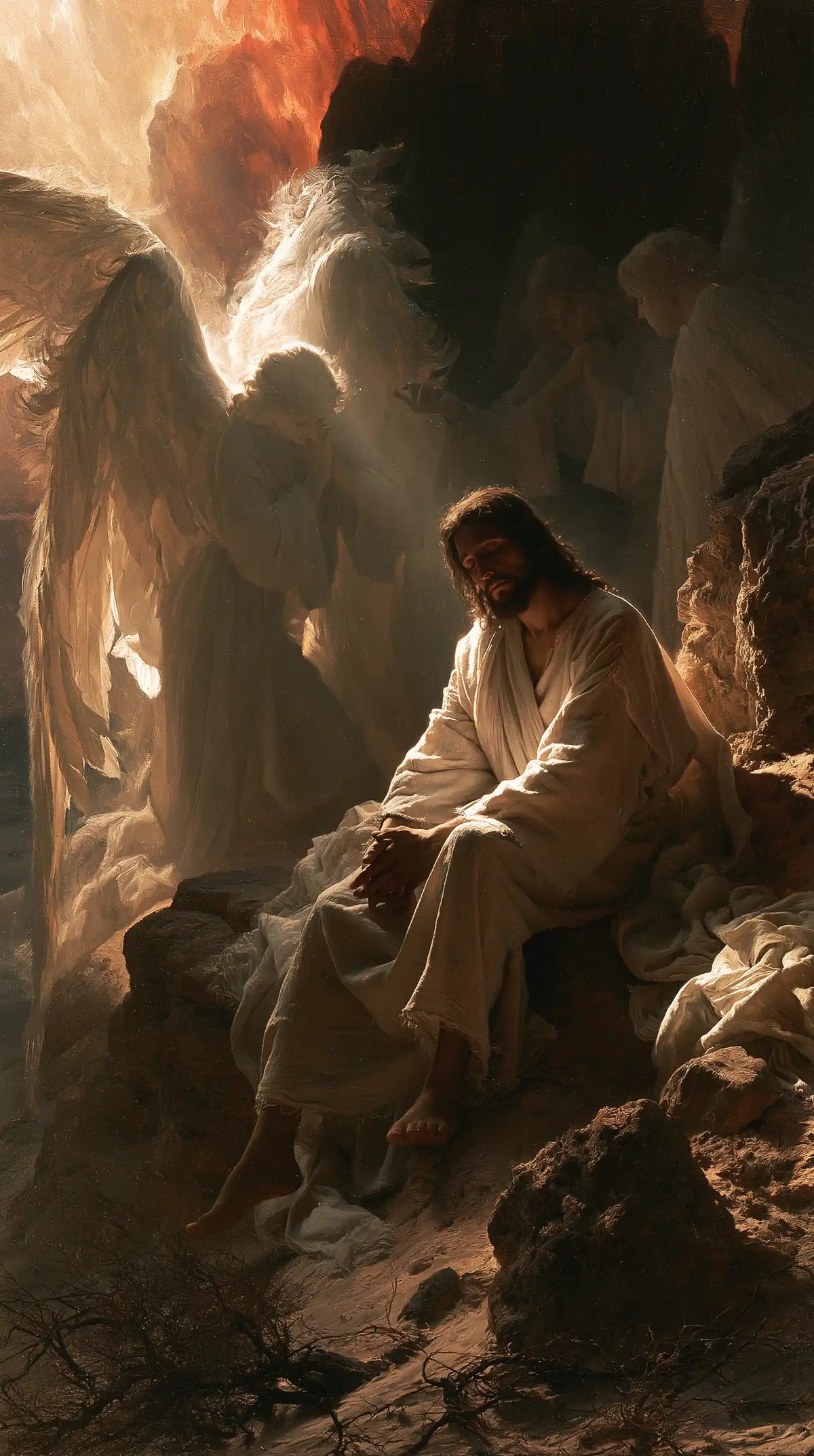 angels ministering to Jesus after the temptation in Angels After the Temptation style, portrait Christian artwork no. 22