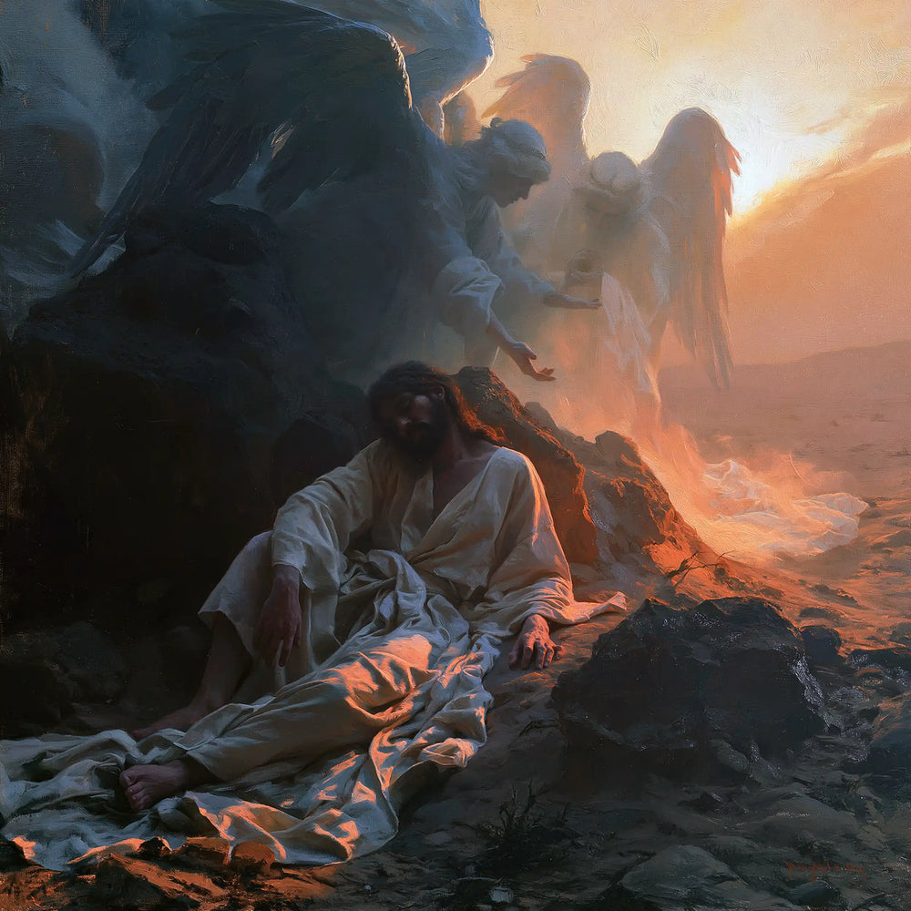 angels ministering to Jesus after the temptation in Angels After the Temptation style, square Christian artwork no. 2