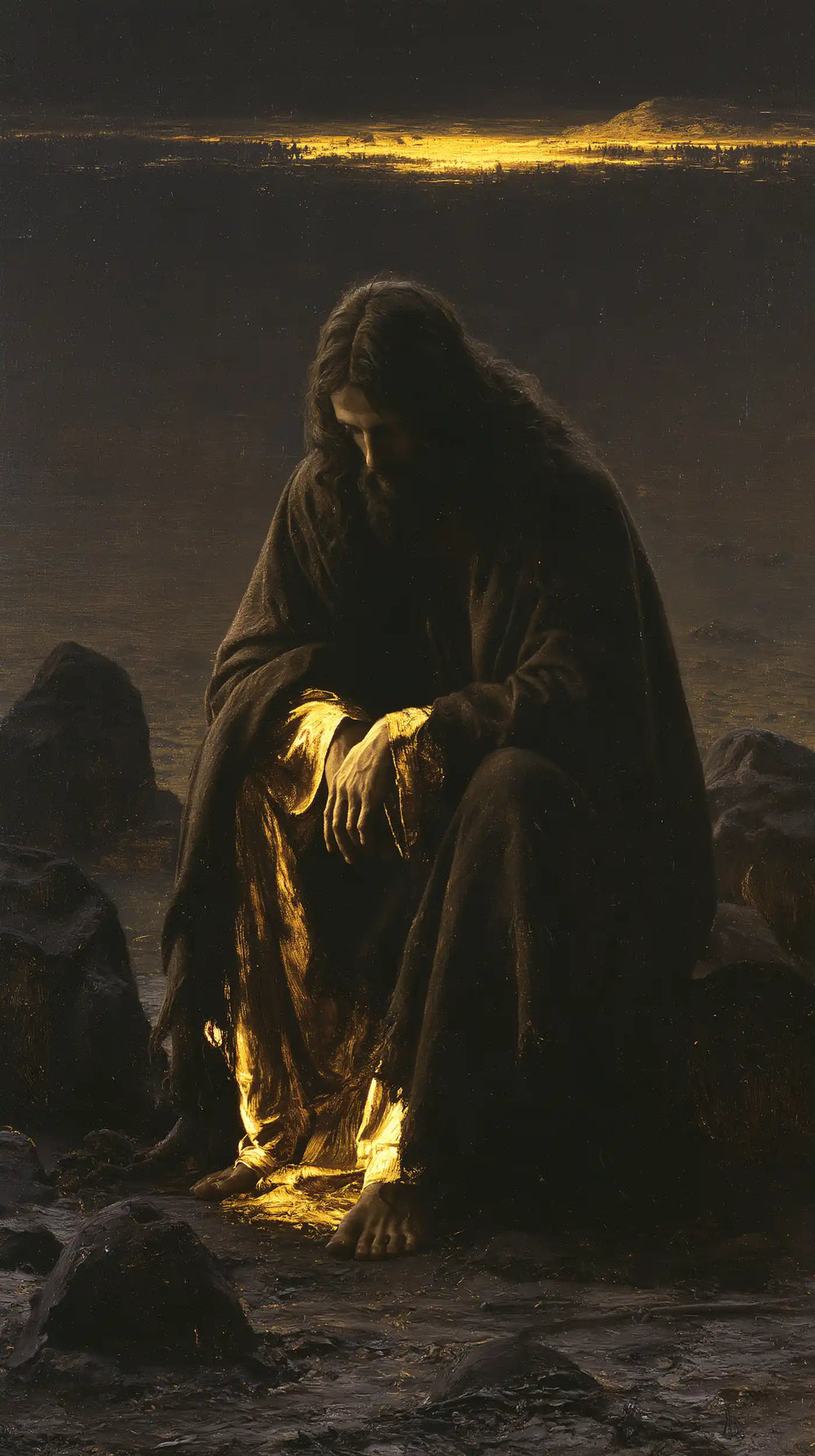 Jesus in the desert during the temptation in Black and Gold style, portrait Christian artwork no. 6