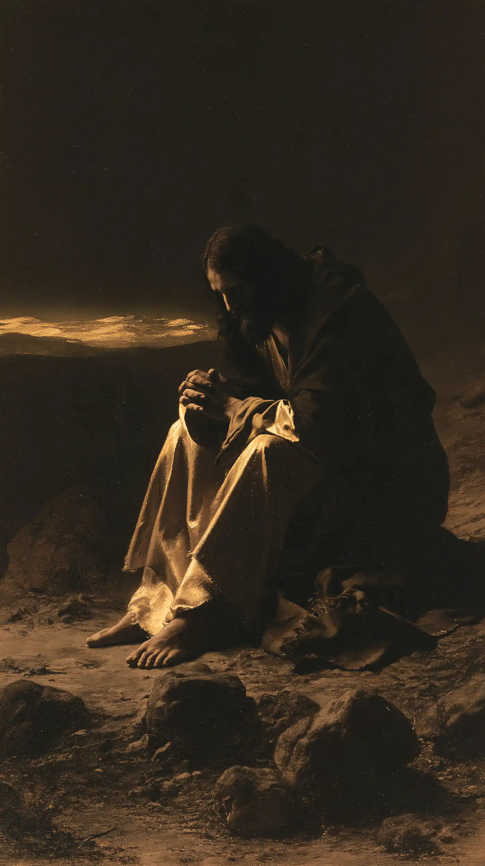 Jesus in the desert during the temptation in Black and Gold style, portrait Christian artwork no. 7