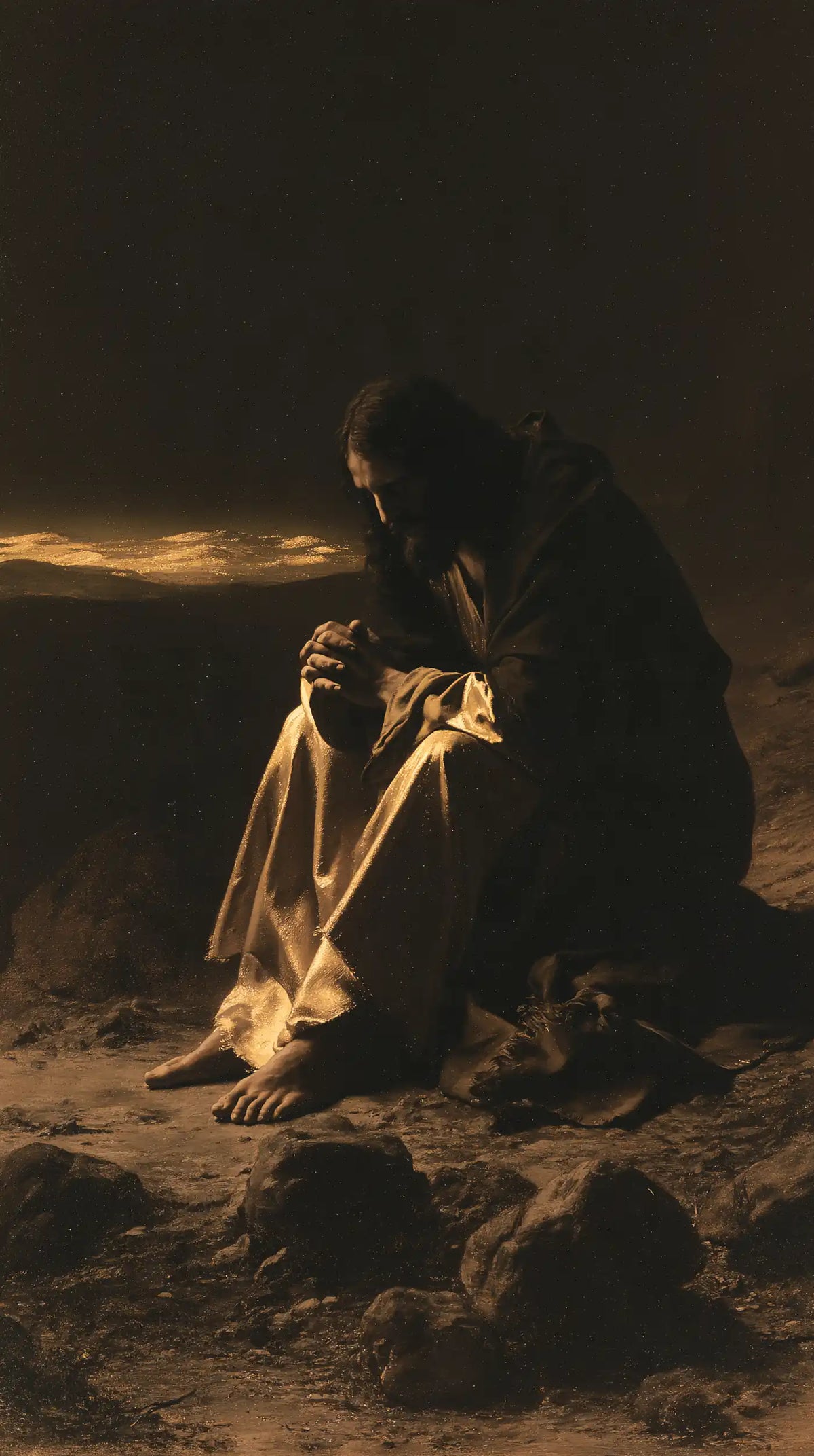 Jesus in the desert during the temptation in Black and Gold style, portrait Christian artwork no. 7