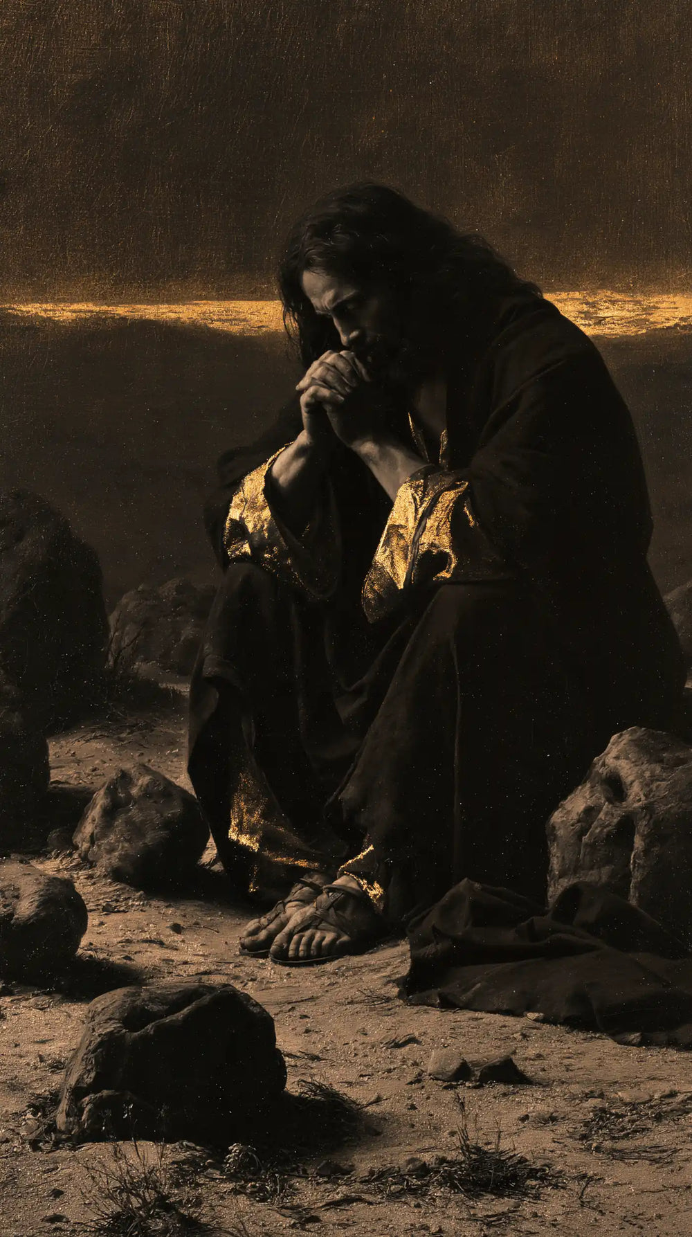 Jesus in the desert during the temptation in Black and Gold style, portrait Christian artwork no. 9