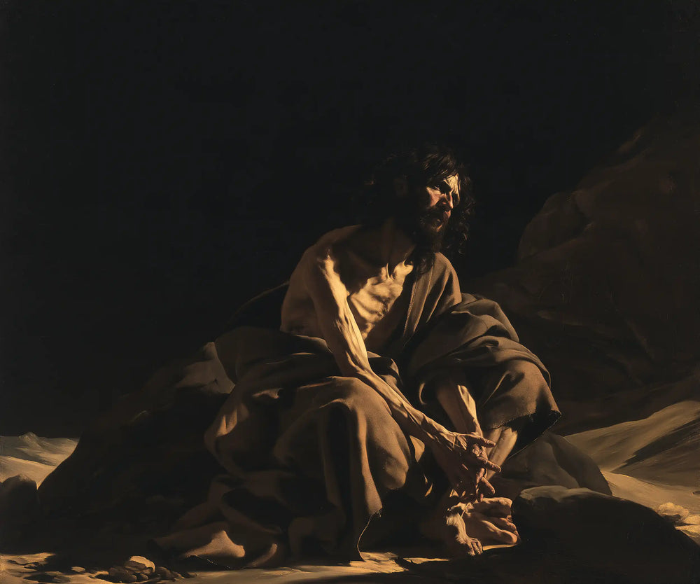 Jesus in the desert during the temptation in Caravaggio Tenebrism style, landscape Christian artwork no. 2