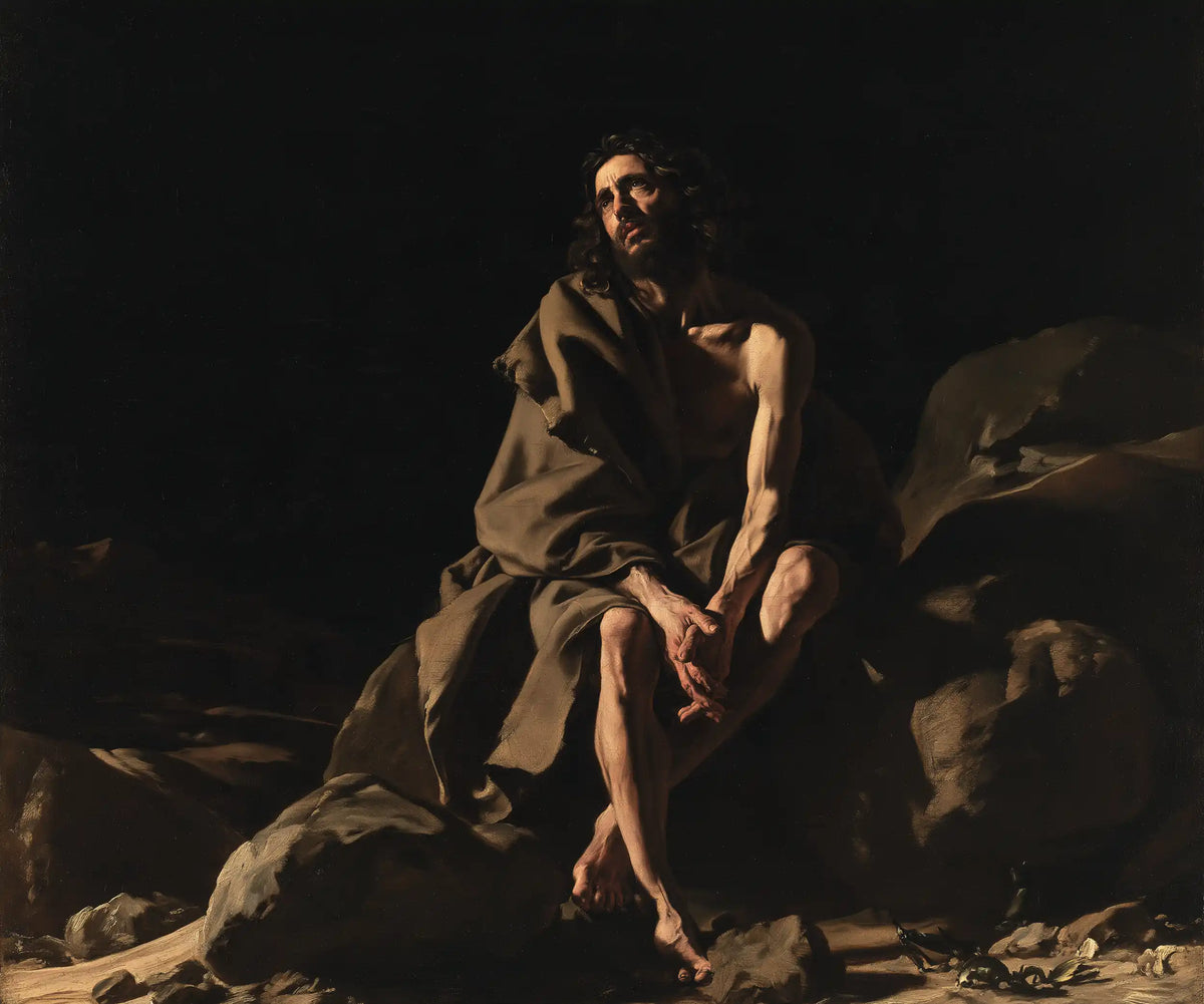 Jesus in the desert during the temptation in Caravaggio Tenebrism style, landscape Christian artwork no. 5