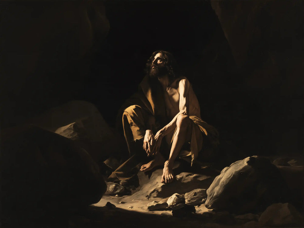 Jesus in the desert during the temptation in Caravaggio Tenebrism style, landscape Christian artwork no. 9