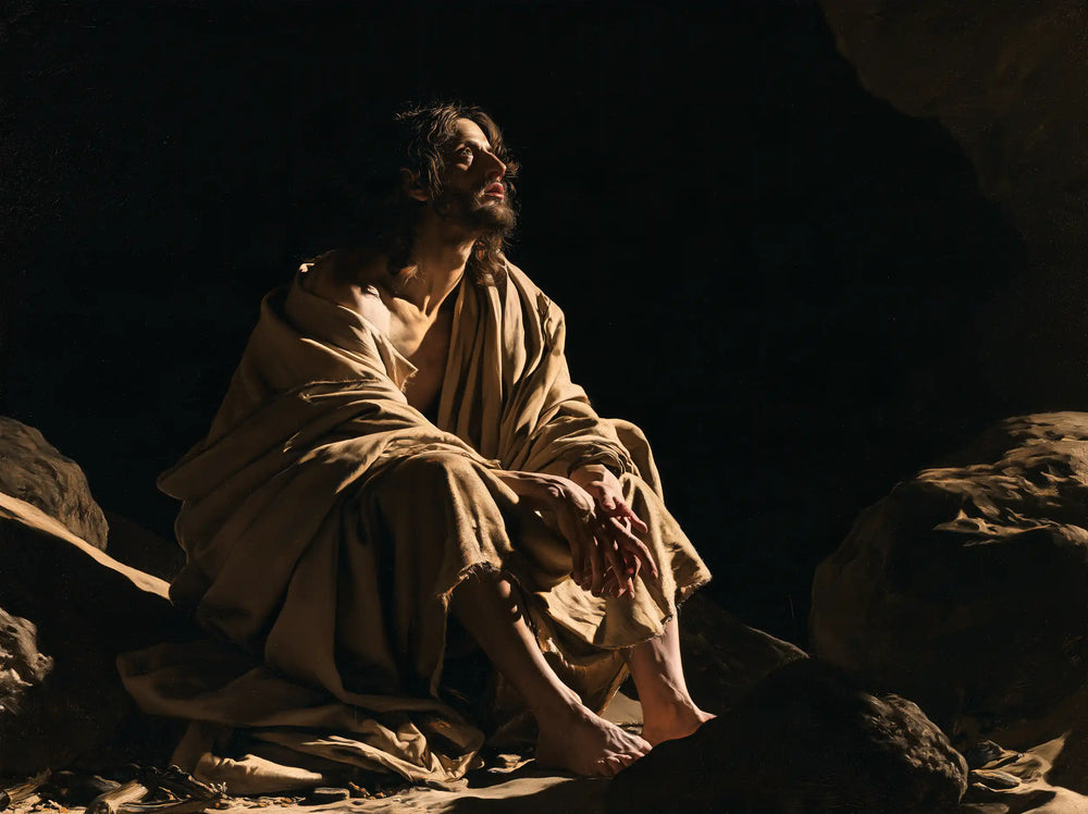 Jesus in the desert during the temptation in Caravaggio Tenebrism style, landscape Christian artwork no. 13