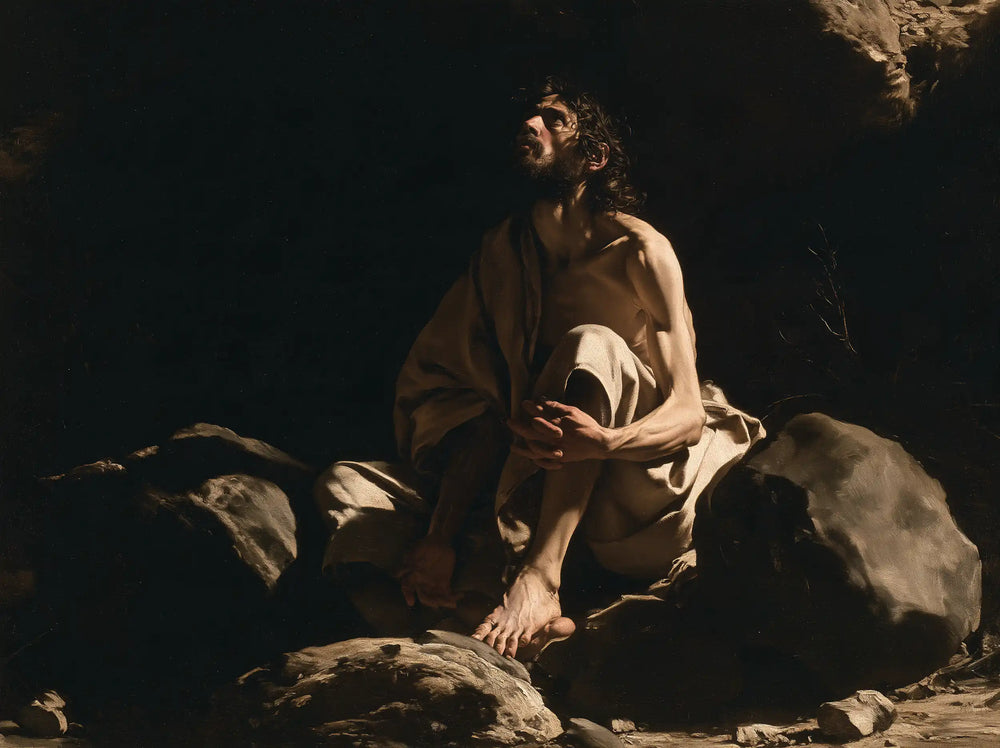 Jesus in the desert during the temptation in Caravaggio Tenebrism style, landscape Christian artwork no. 15