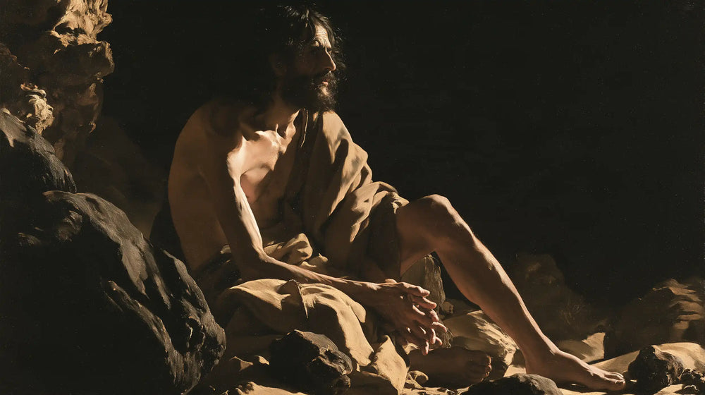 Jesus in the desert during the temptation in Caravaggio Tenebrism style, landscape Christian artwork no. 18