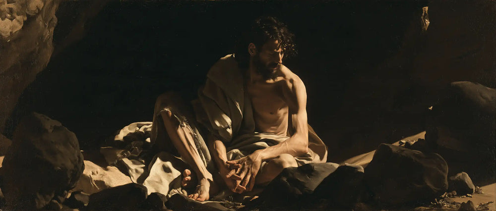 Jesus in the desert during the temptation in Caravaggio Tenebrism style, landscape Christian artwork no. 24