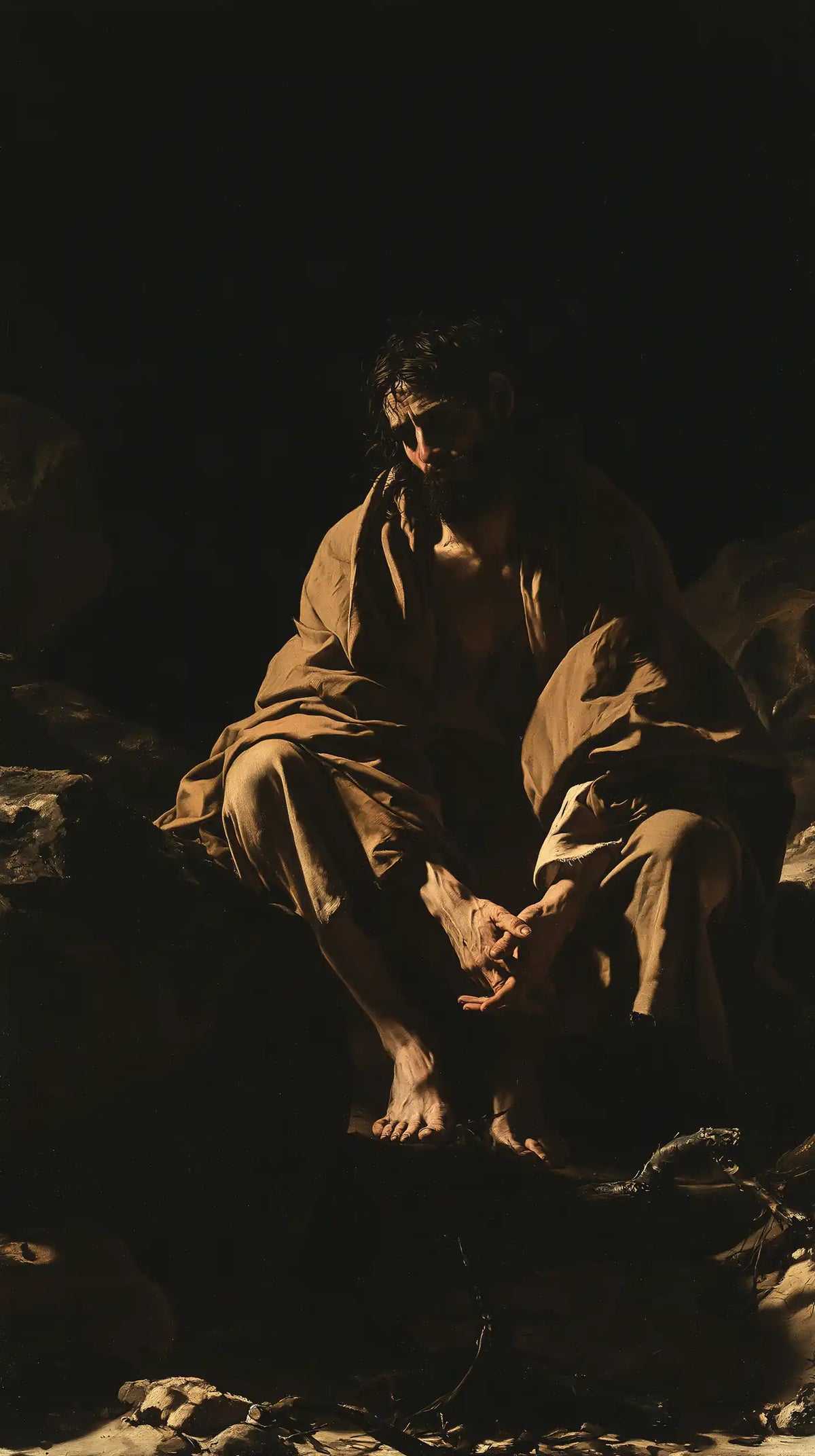 Jesus in the desert during the temptation in Caravaggio Tenebrism style, portrait Christian artwork no. 3