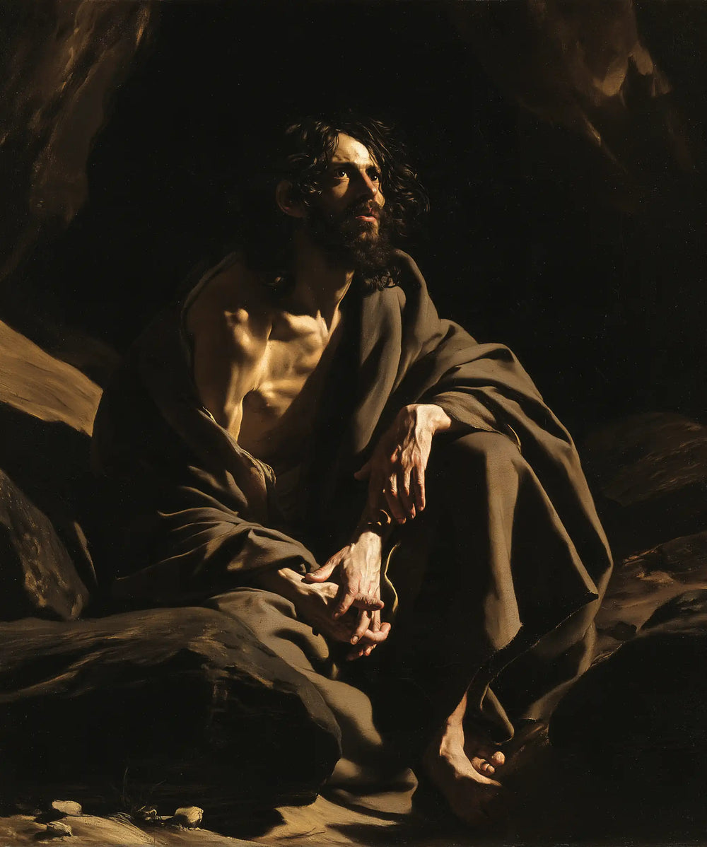 Jesus in the desert during the temptation in Caravaggio Tenebrism style, portrait Christian artwork no. 19