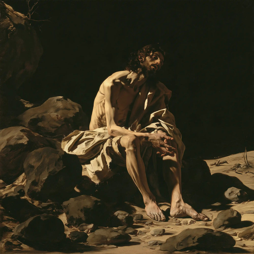 Jesus in the desert during the temptation in Caravaggio Tenebrism style, square Christian artwork no. 1