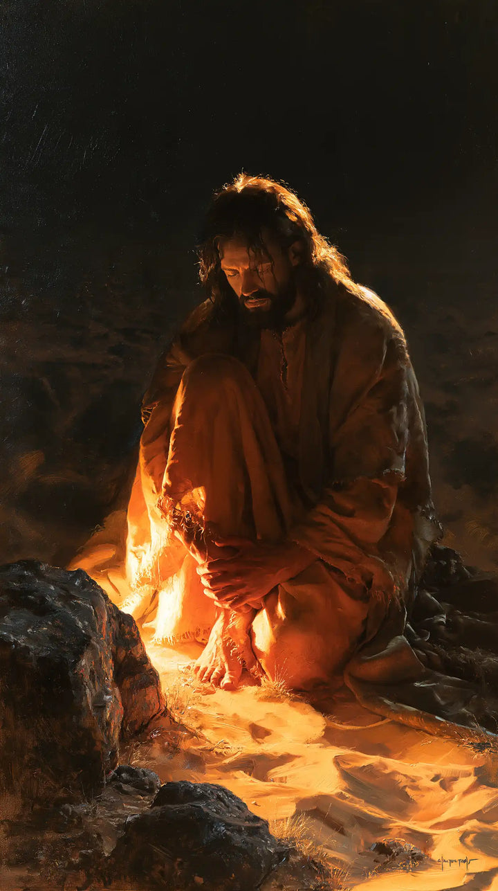 Jesus in the Desert — Hands Near the Glowing Sand