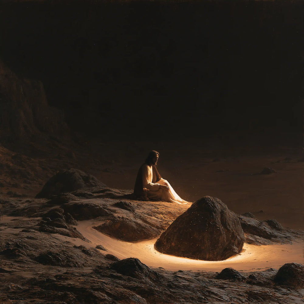 Christ appearing as divine light in the desert in Christ as Divine Light style, square Christian artwork no. 1