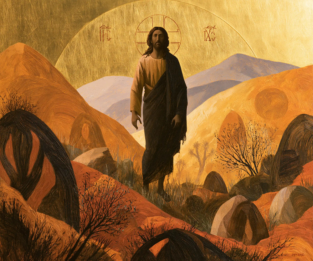 Jesus in the desert during the temptation in Contemporary Byzantine style, landscape Christian artwork no. 3