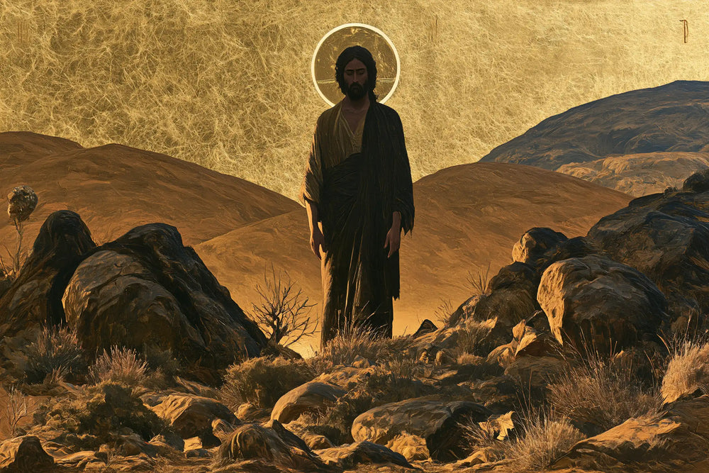 Jesus in the desert during the temptation in Contemporary Byzantine style, landscape Christian artwork no. 9