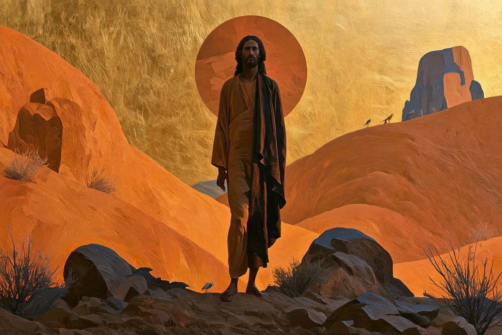 Jesus in the desert during the temptation in Contemporary Byzantine style, landscape Christian artwork no. 12