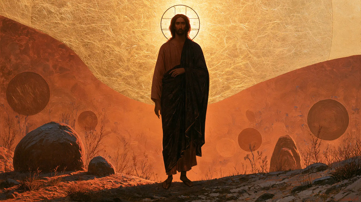 Jesus in the desert during the temptation in Contemporary Byzantine style, landscape Christian artwork no. 13