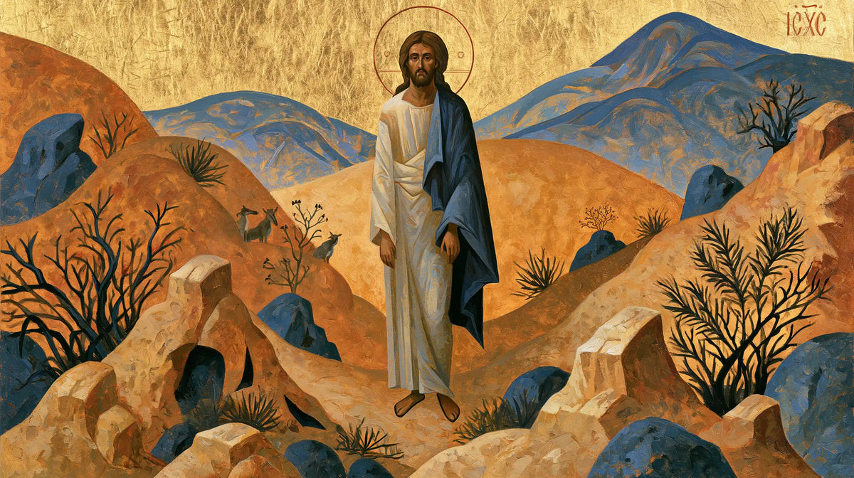 Jesus in the desert during the temptation in Contemporary Byzantine style, landscape Christian artwork no. 14