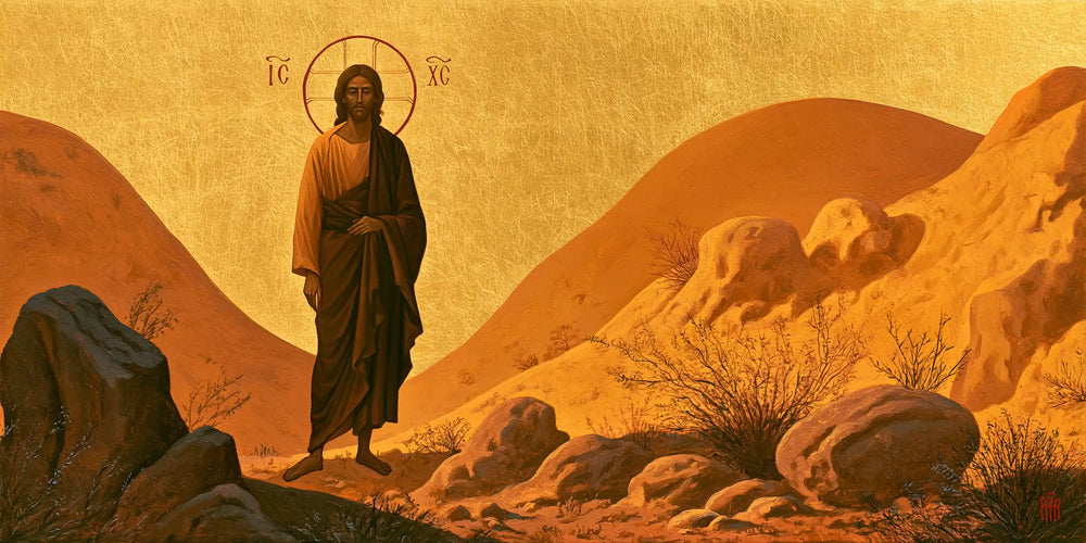 Jesus in the desert during the temptation in Contemporary Byzantine style, landscape Christian artwork no. 17
