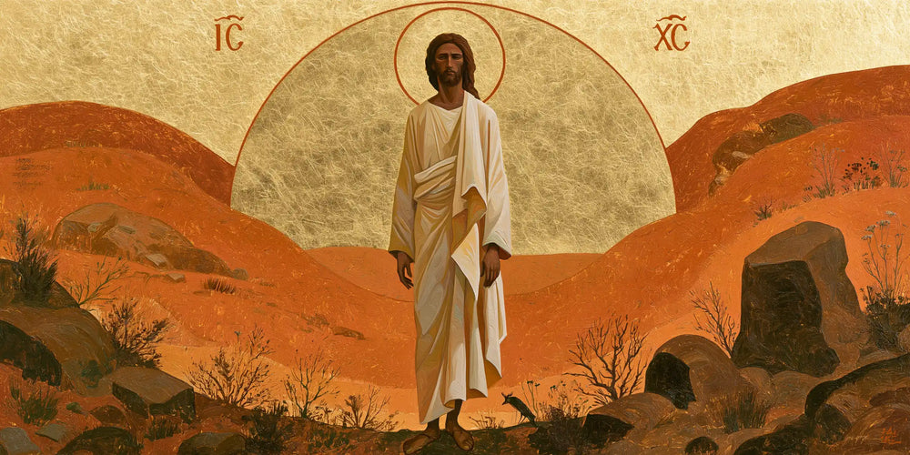 Jesus in the desert during the temptation in Contemporary Byzantine style, landscape Christian artwork no. 19