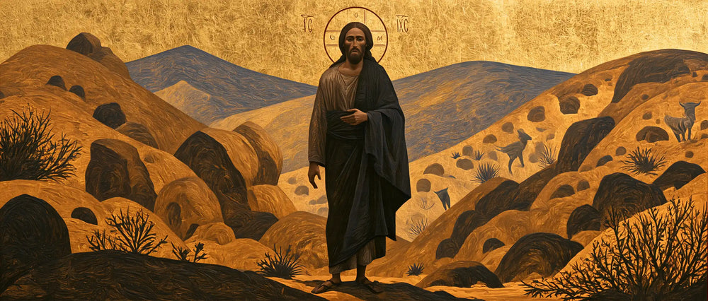Jesus in the desert during the temptation in Contemporary Byzantine style, landscape Christian artwork no. 21