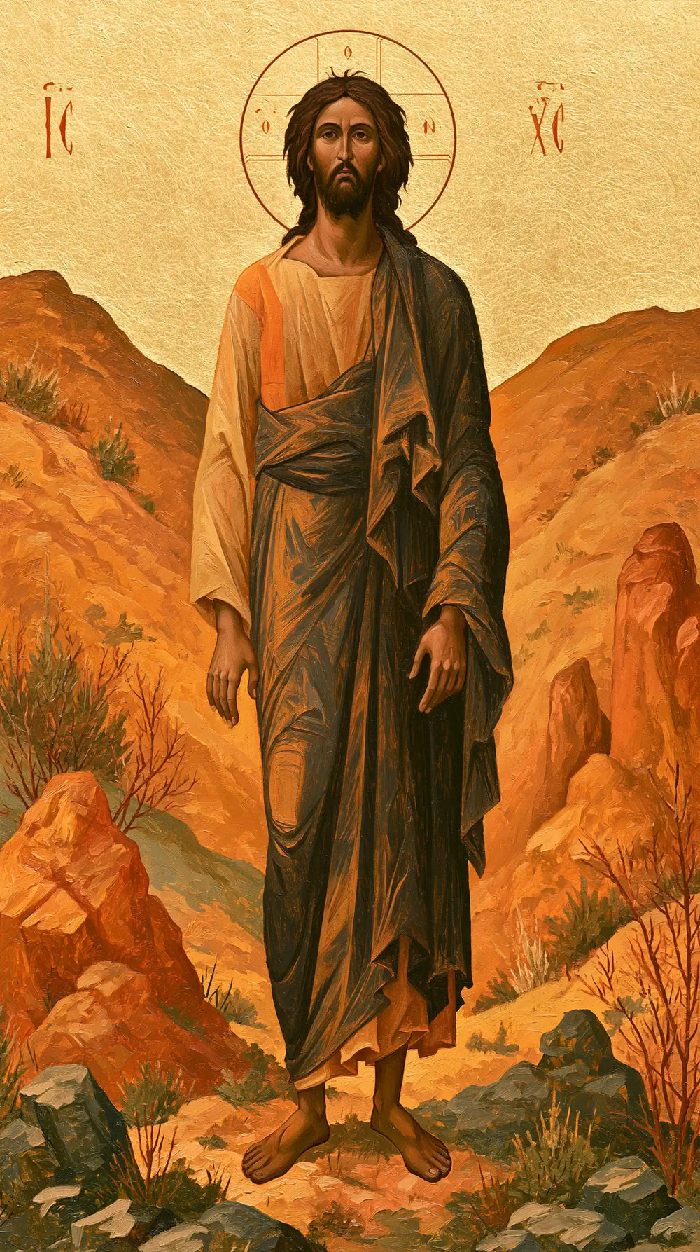 Jesus in the desert during the temptation in Contemporary Byzantine style, portrait Christian artwork no. 6