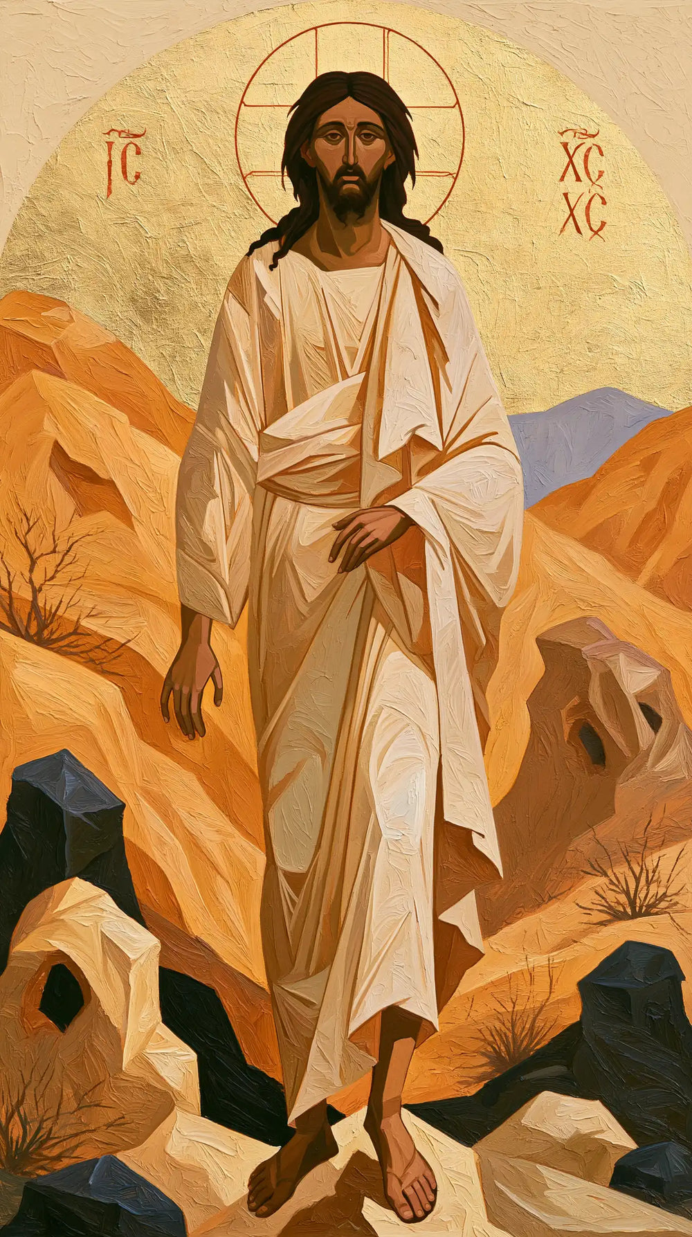 Jesus in the desert during the temptation in Contemporary Byzantine style, portrait Christian artwork no. 7