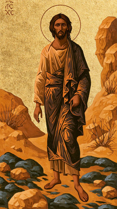Jesus in the Desert — Bronze Folds on the Blue-Stone Path