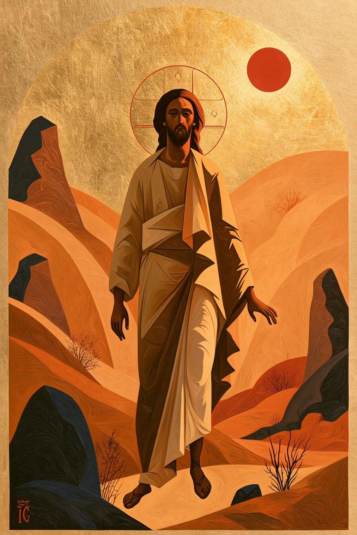 Jesus in the desert during the temptation in Contemporary Byzantine style, portrait Christian artwork no. 29