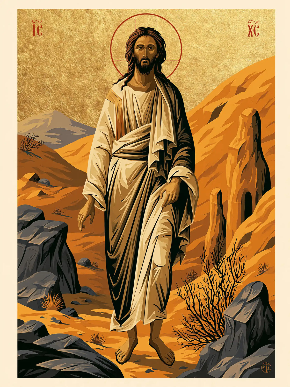 Jesus in the desert during the temptation in Contemporary Byzantine style, portrait Christian artwork no. 33