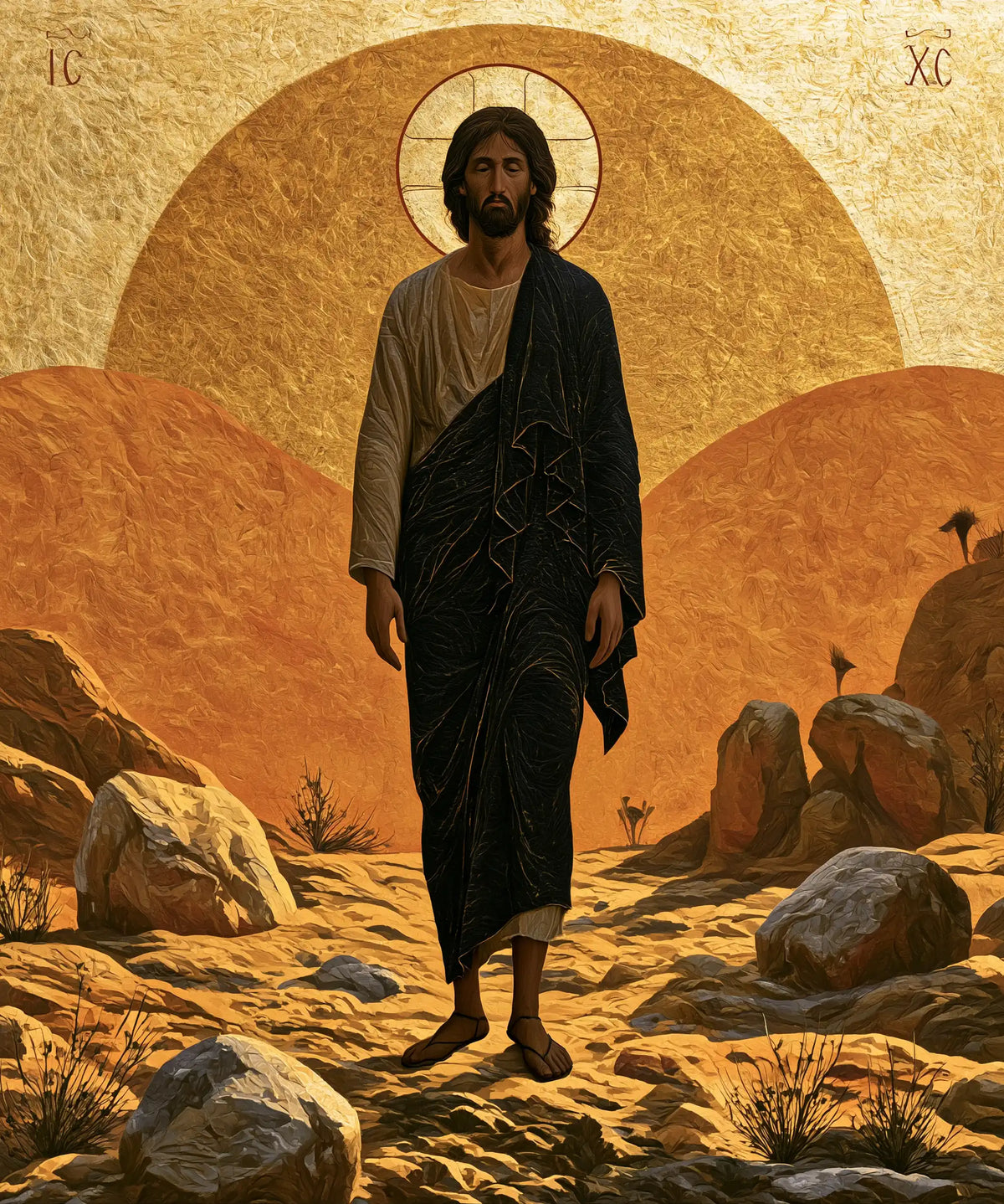 Jesus in the desert during the temptation in Contemporary Byzantine style, portrait Christian artwork no. 41