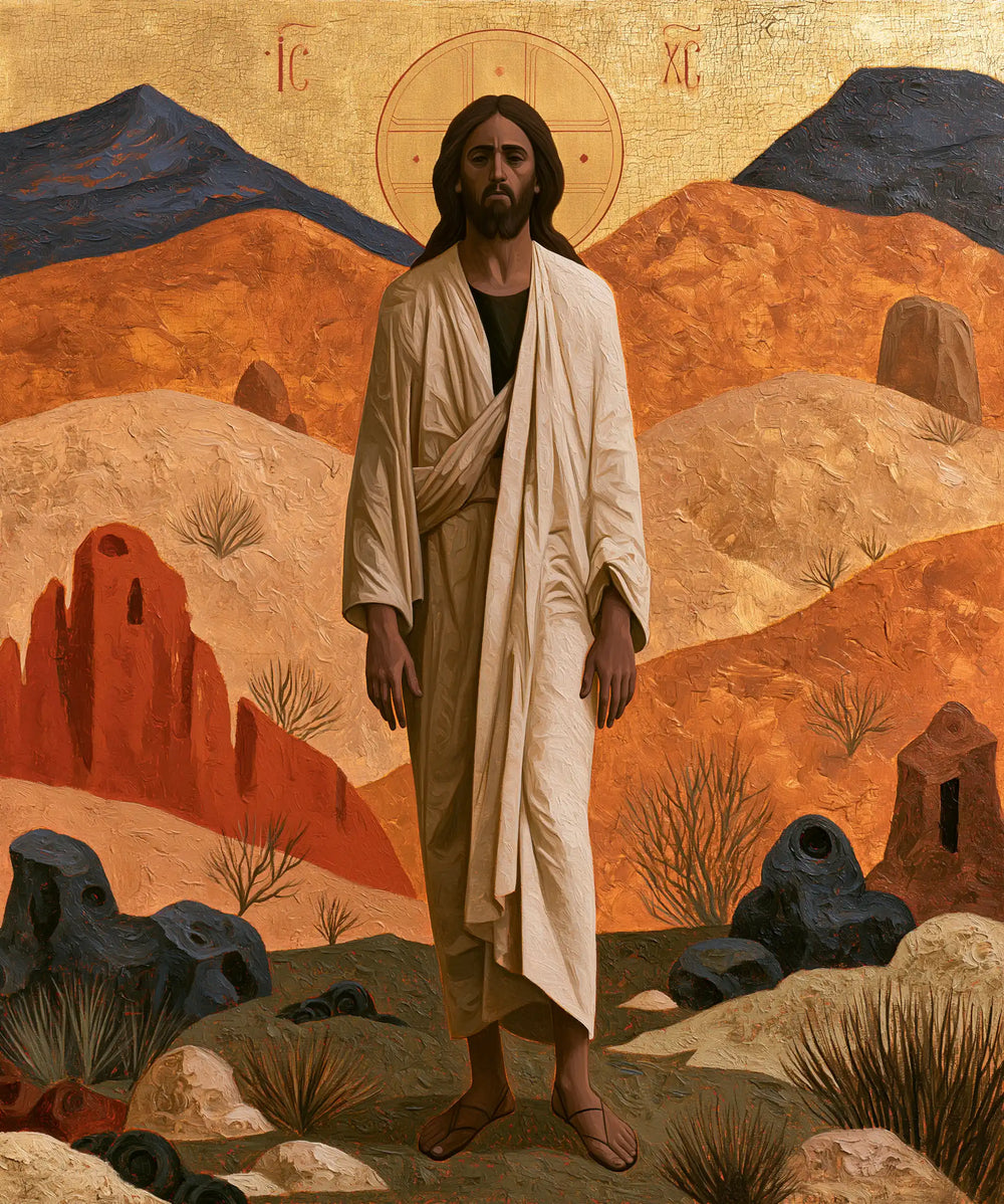 Jesus in the desert during the temptation in Contemporary Byzantine style, portrait Christian artwork no. 42